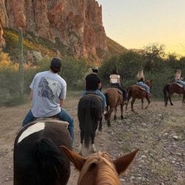 a group of people horse back riding in a desert at dusk